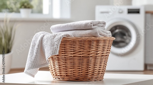 Clean White Towels Stacked in Wicker Basket Near Washing Machine in Bright Laundry Room