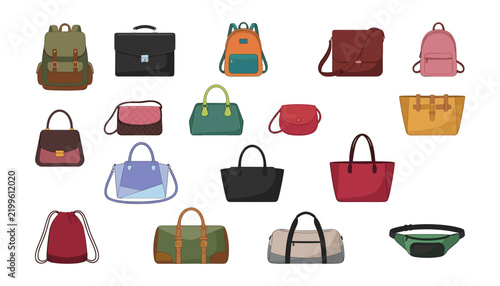 Fashionable bags and luggage vector collection with backpacks briefcases handbags purses crossboby bags satchels and waist fanny pack