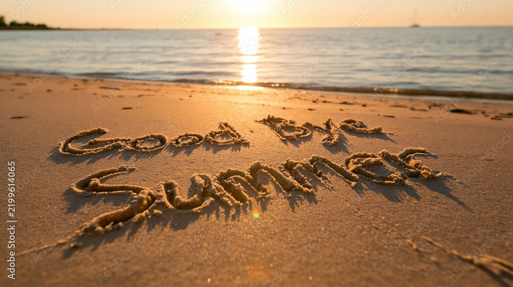 Obraz premium a serene beach scene at sunset. The sun casts a warm, golden hue over the horizon, reflecting off the calm water. The word Good Bye Summer is written in the sand.