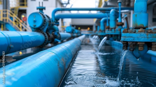 Industrial water treatment facility discharging clean water into pool with blue pipe systems