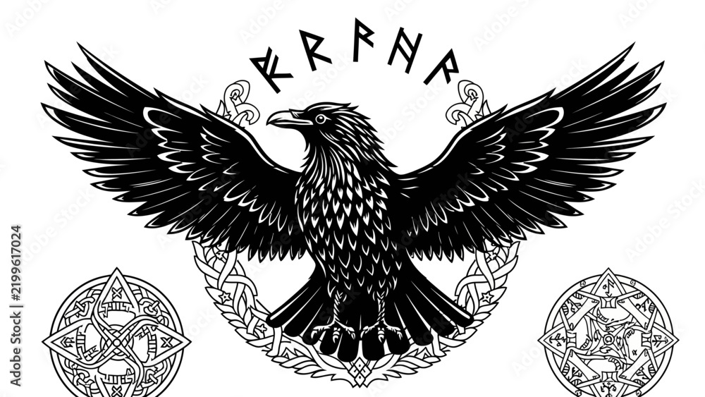 Obraz premium Viking Raven Design with Runes and Celtic Knots