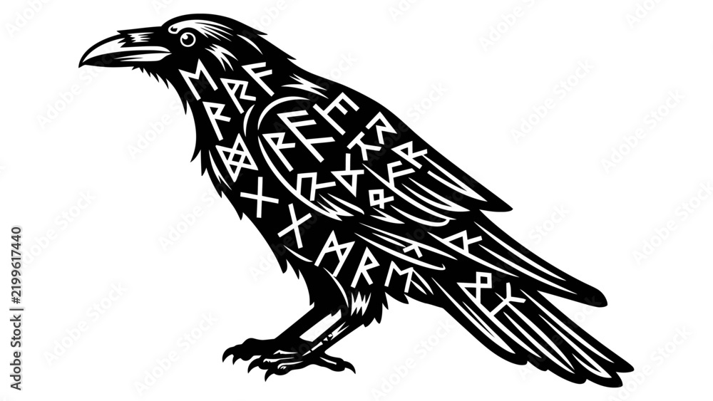 Obraz premium Viking Raven Illustration with Nordic Runes Black and White