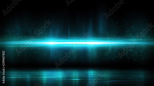 Futuristic glowing blue light streak on dark background with shimmering reflections and particles creating a dynamic abstract visual effect