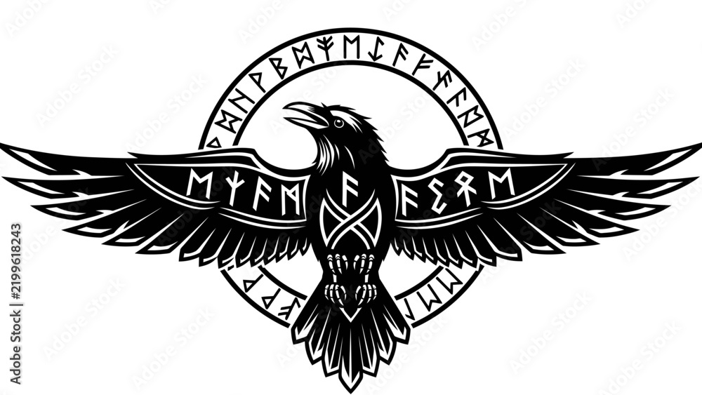 Obraz premium Viking Raven with Norse Runes Black and White Vector Illustration
