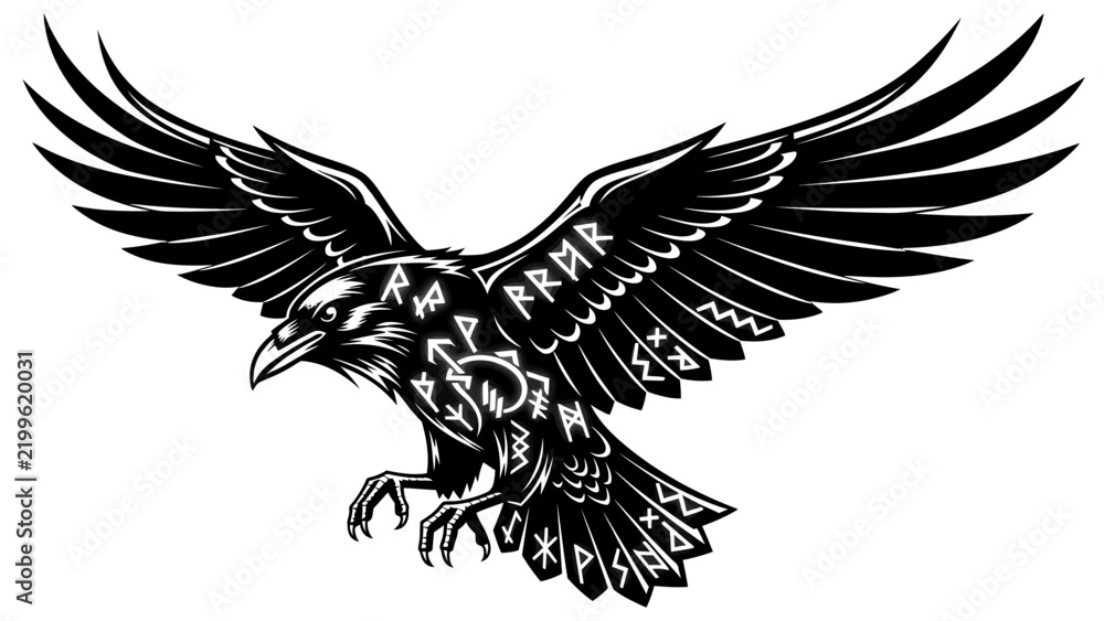 Obraz premium Norse Raven Symbol with Ancient Runes Illustration