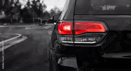 Digital painting of a black modern car rear with illuminated red taillight parked on a street