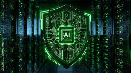 Futuristic AI security shield glowing green inside a server room. Cybersecurity concept for corporate technology and data protection presentations.