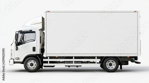 A white delivery truck parked with side view isolated on white background. Perfect for logistics and freight transport mockups.