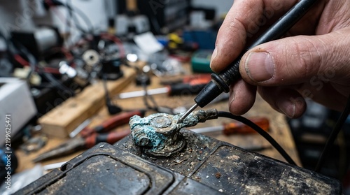 Hand measuring voltage on a heavily corroded vehicle battery in a busy repair workshop.