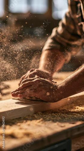 Carpentry in Focus: A carpenter's skilled hands work a wooden plank, with sawdust flying, capturing the essence of craftsmanship and dedication in a workshop setting.