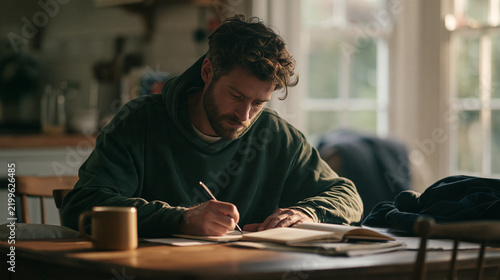 Focused Creator: A bearded man in a hoodie sits at a table, engrossed in writing with a pencil in a notebook, his concentration palpable in the natural light filtering through the window.