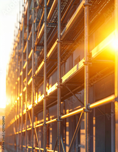 建築現場のビル外壁に張り巡らされた金属製の足場と沈みゆく夕日の光が織りなす力強い情景　左側に大きく開けた余白と光の反射によるグラデーションを活かした工事現場の風景写真　不動産開発の告知チラシや建設業界のパンフレット、Webサイトのヘッダー画像、企業のプレゼン資料、事業報告書の表紙に使える汎用性の高い素材