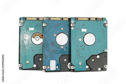 Multiple hard disk drives showing circuit boards