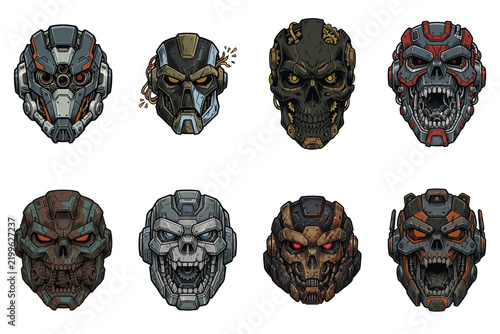 Pixel Art Sci Fi Cyborg Skull Helmet Avatar Icon Set for Cyberpunk Video Game Character Design