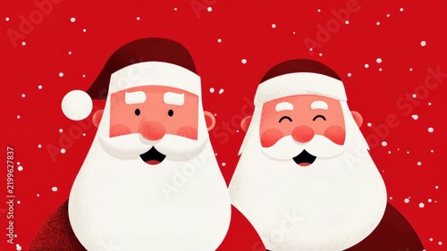 Joyful santa clauses with snowflakes on festive red background