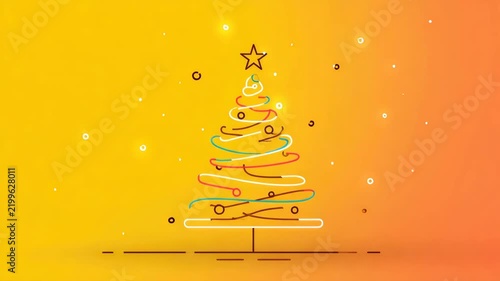 Vibrant neon christmas tree on bright yellow-orange background with glowing lights