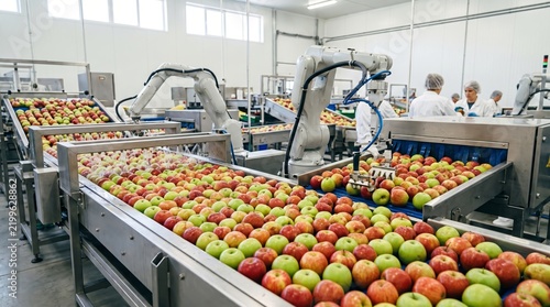 Robotic arms sort apples on a conveyor line. Workers oversee a bright food processing facility. Automation supports efficient food production and fresh produce distribution.