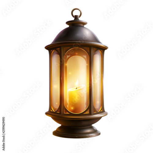 Golden candle glows warmly inside ornate lantern. Metal frame holds clear glass panels.