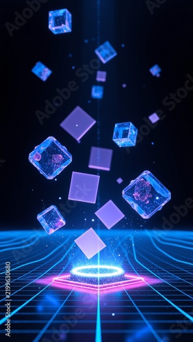 Futuristic Abstract Blue and Lilac Geometric Blocks with Neon Lines in Cyber Space