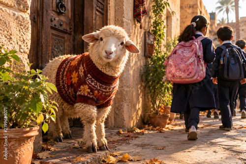 Sheep In Tiny Sweater Watching Children In Uniforms