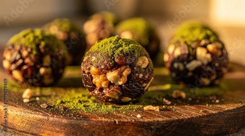 A wooden board displays several raw nut truffles dusted with green tea powder which provides a healthy snack option for individuals who prefer natural ingredients during their afternoon meal