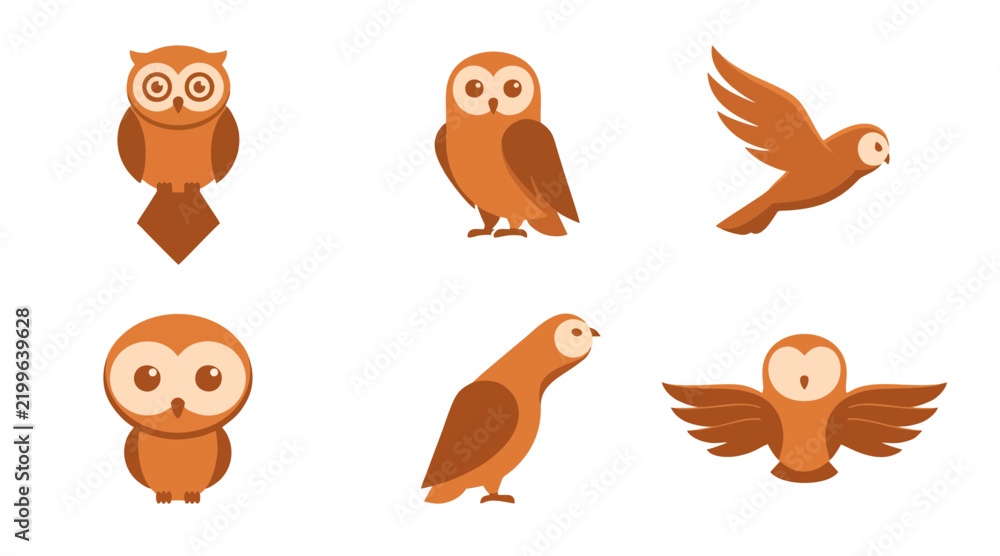 Obraz premium Brown owl character set showing various poses and flying motions for flat graphic design vector projects