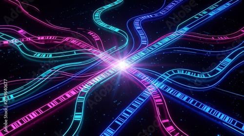 High angle view of an abstract digital data flow with glowing neon pink and cyan lines converging at a central light source, representing a neural network, connectivity, and futuristic technology.