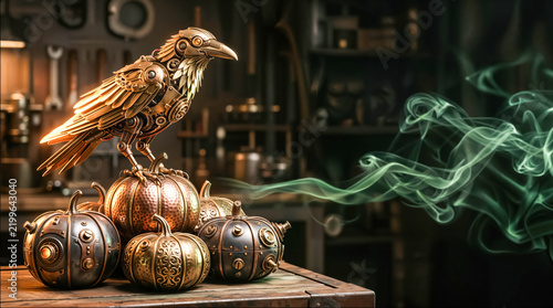 Steampunk Mechanical Raven Perched on Clockwork Pumpkins with Green Smoke