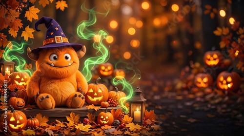 Cute Fluffy Halloween Monster in Witch Hat Surrounded by Jack-o'-Lanterns