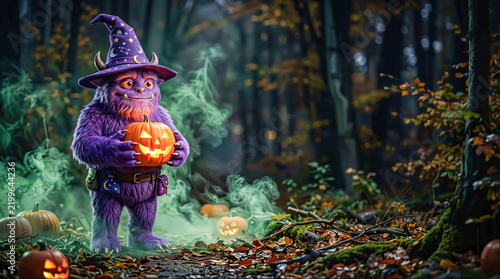 Purple Hairy Monster with Witch Hat Holding Jack-o'-Lantern in Spooky Forest