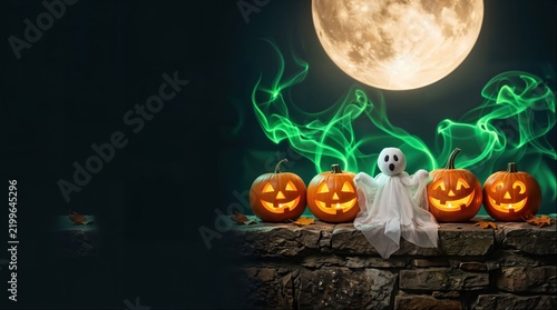  Little Ghost Peeking from Behind Jack-o-lantern Pumpkin in Night Forest Under Full Moon