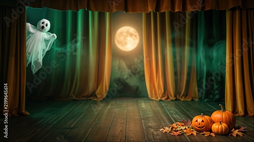 Halloween Background with Pumpkins and Ghost on Stage