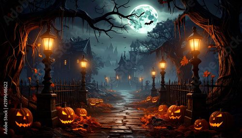 水辺に佇む古城とランタンが幻想的に輝く満月夜のハロウィンイラスト背景