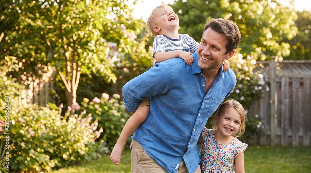 Fototapeta premium Happy International Men’s Day! A father gives his children a piggyback ride in the garden, smiling and laughing in the sunshine