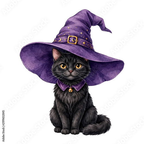 Whimsical Black Cat in Purple Witch's Hat Illustration