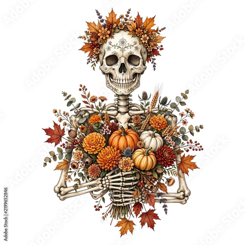 Vintage Botanical Skull Arrangement with Fall Foliage