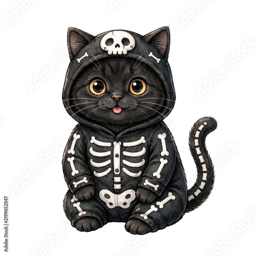 Whimsical black cat wearing a skeleton suit drawing