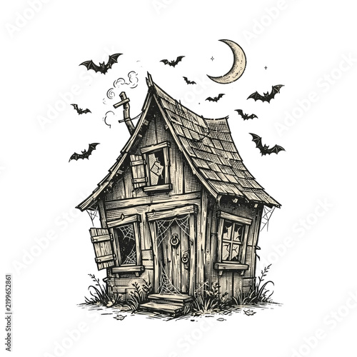 Vintage Spooky Haunted Cabin Illustration with Crows