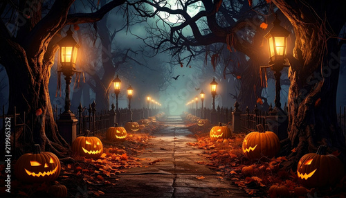 街灯と夜道の傍らで怪しく光るジャックオーランタンと満月夜空のハロウィン風景