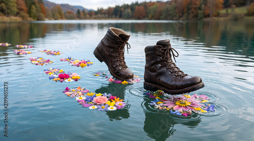 Hiking boots walking on water with flower stepping stones surreal nature scene