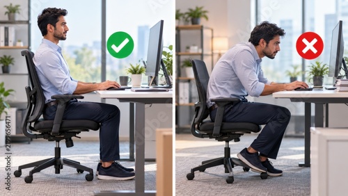 Man demonstrating proper sitting posture at an office desk with a computer for ergonomic health.