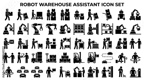 Set of black silhouette icons depicting robotic warehouse assistants and automated logistics systems.