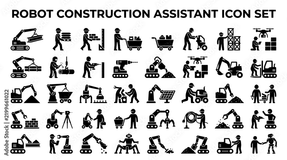 Fototapeta premium Set of construction robot and worker icons depicting automated machinery and industrial labor tasks
