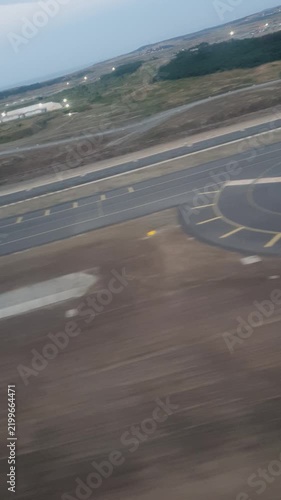 Aerial view from airplane window during takeoff near Istanbul Airport Turkey showing surrounding nature