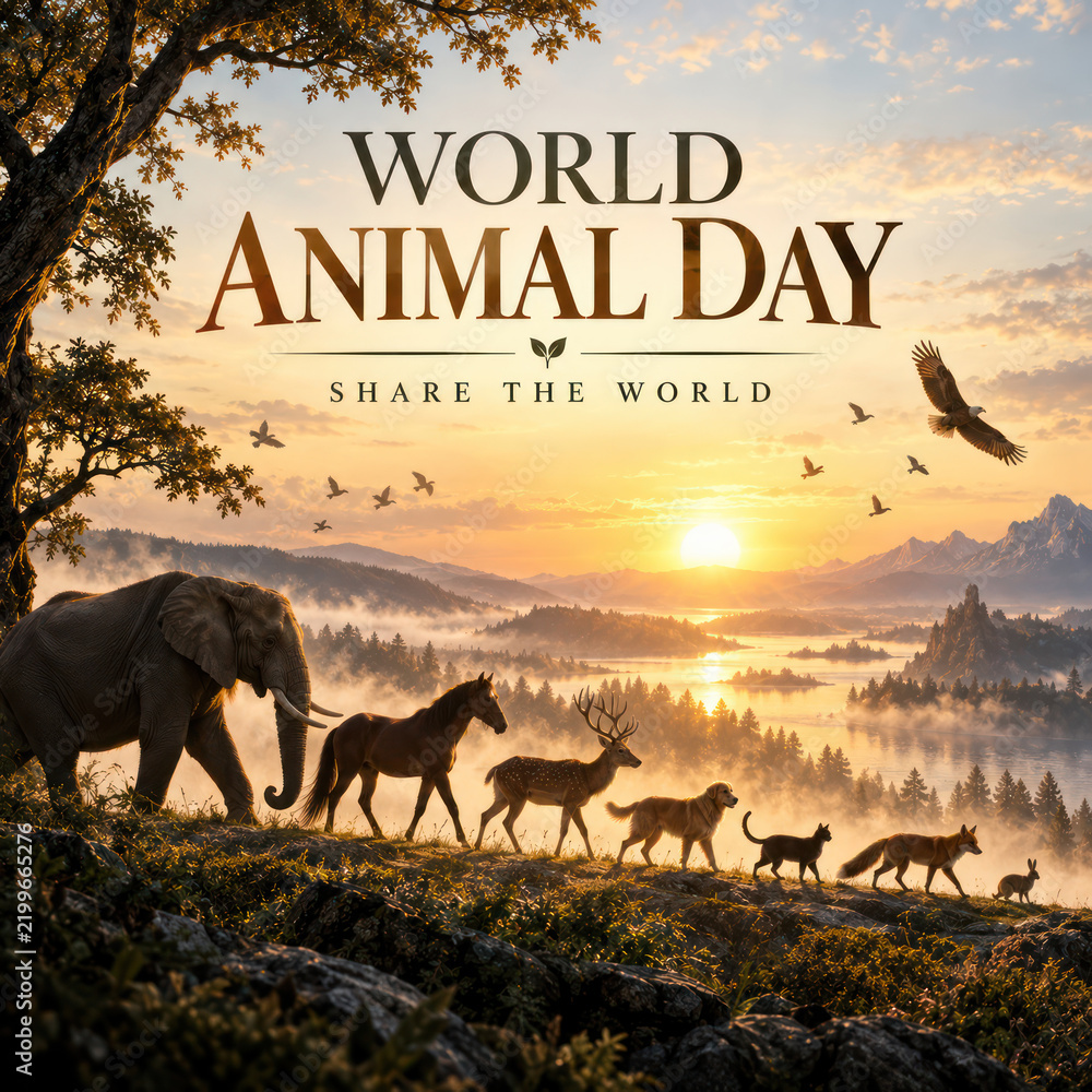 Obraz premium World Animal Day Share the World Wildlife and Pets Conservation Awareness Poster