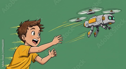 Excited youngster reaching for futuristic robot drone illustration