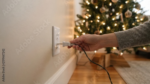 Woman plugging in Christmas tree lights into wall outlet at home during winter holidays