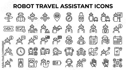 Set of robot travel assistant line icons depicting automated tourism services and digital navigation