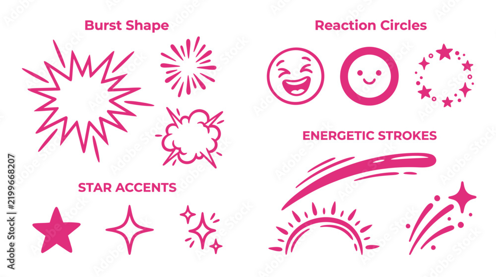 Fototapeta premium Set of Comic Burst Shapes, Star Accents, Reaction Circles, and Energetic Motion Stroke Vector Elements
