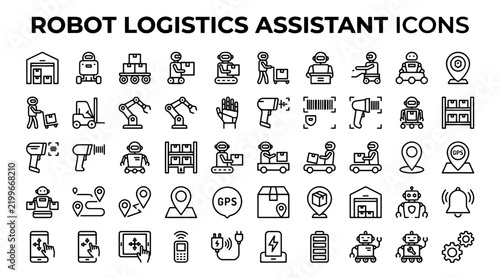 Set of robot logistics assistant icons featuring automated warehouse technology and delivery systems
